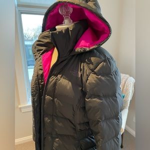 North Face grey and fuchsia women’s down puffer  size M